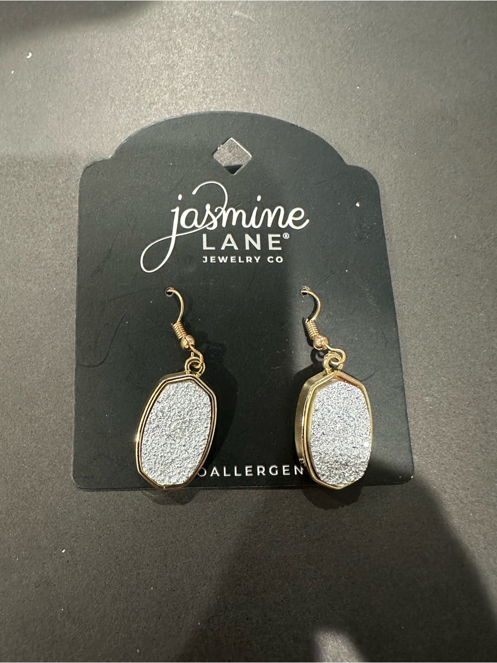 Jasmine Lane Hypoallergenic Gold Drop Earrings with Faux Silver Druzy